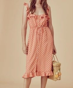 New Arrivals For Love And Lemons Natalia Copper Dot Midi Dress