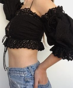 For Love And Lemons Anabelle Eyelet Crop Top Black