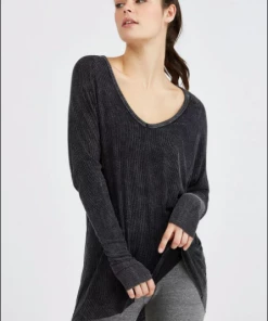 Joah Brown For Keeps V Neck Long Sleeve Top Graphite Rib Tops