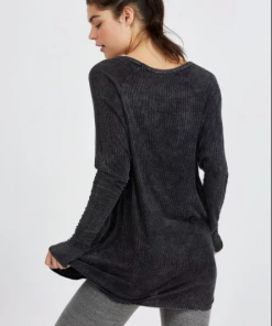 Joah Brown For Keeps V Neck Long Sleeve Top Graphite Rib Tops