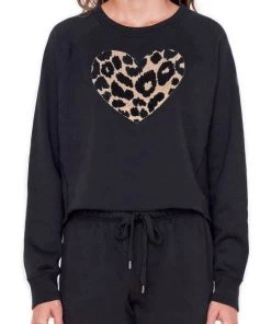 SUNDRY Leopard Heart Sweatshirt Black Sweaters & Knits