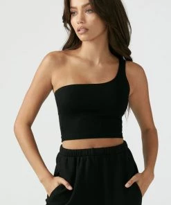 New Arrivals Joah Brown One Shoulder Crop Tank Black