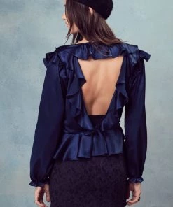 For Love And Lemons Bette Open Back Blouse Navy